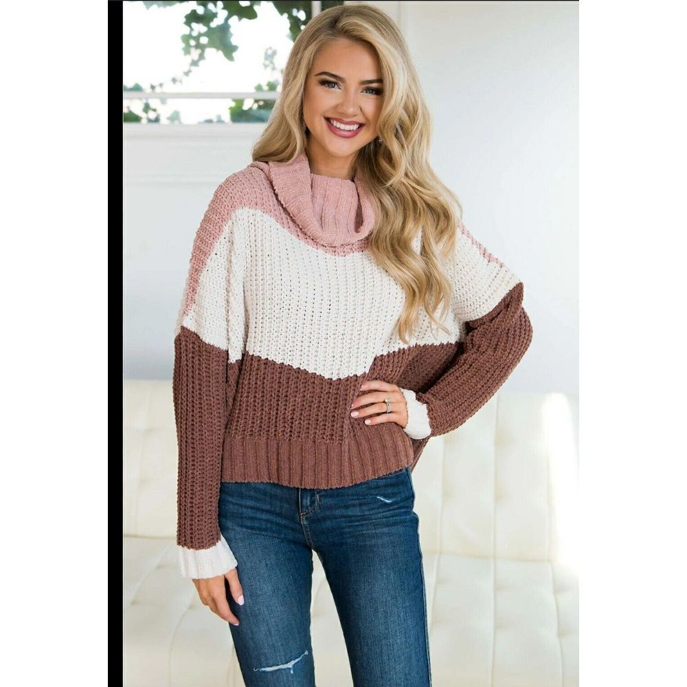 POL High Up‎ in the Sky Knit Sweater Color Block Ivory Pink Brown Size Medium